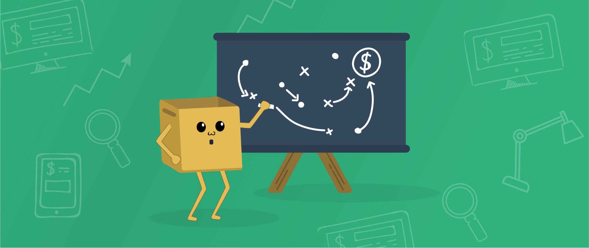 Bob the Box points to a blackboard of eCommerce shipping strategies.