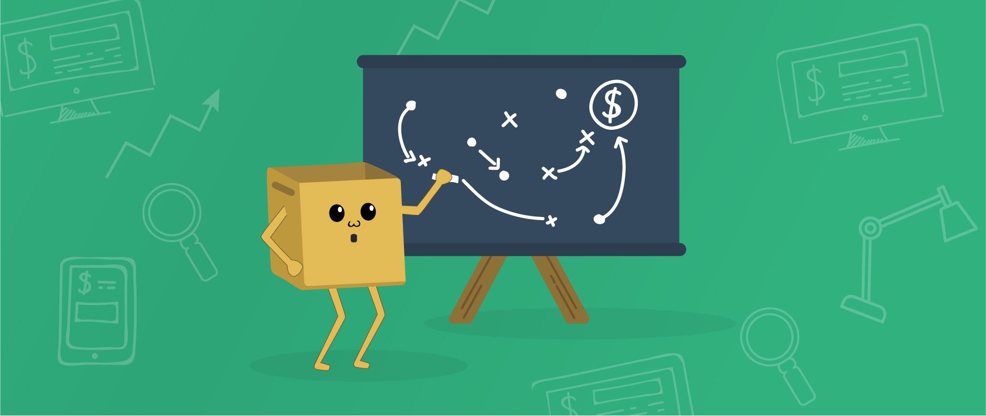 Bob the Box points to a blackboard of eCommerce shipping strategies.