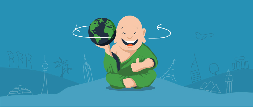 Budd the Monk holds a globe full of international customers.