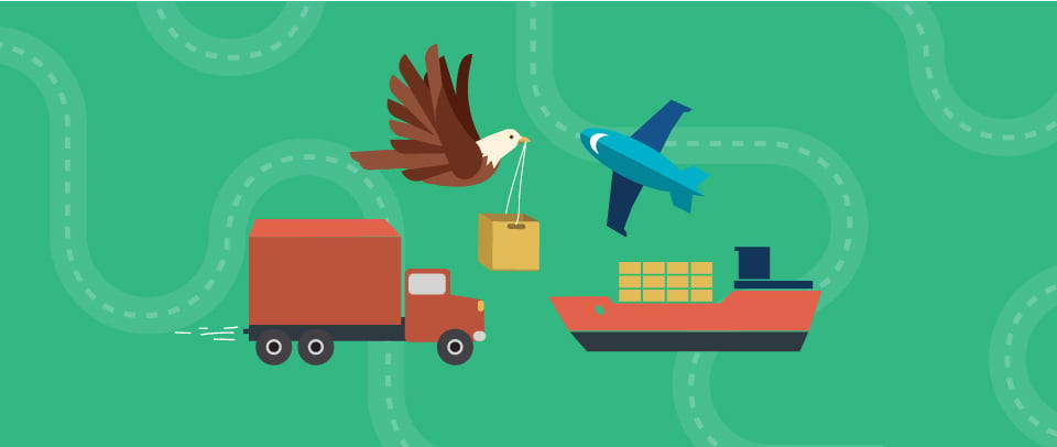 An eagle soars above three different shipping methods — a plane, a freight truck, and a cargo ship.