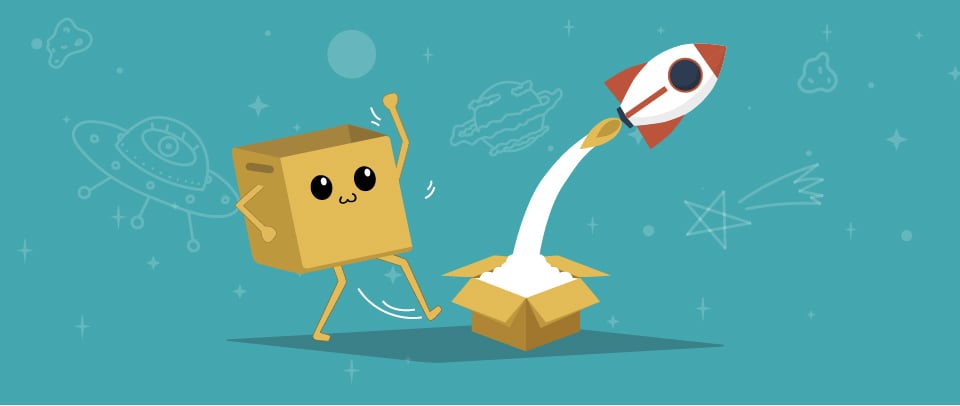 Bob the Box celebrates as a rocket jumps out of an open box.