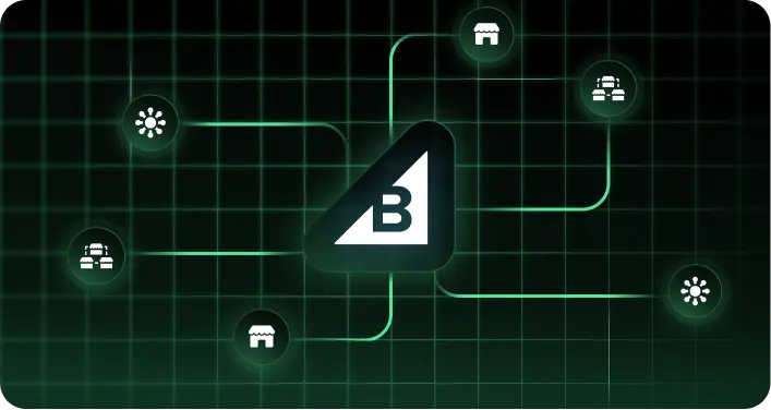 A central “B” triangle links charming shop icons on a sleek grid, evoking ShipMonk.com’s seamless eCommerce network. via ShipMonk.com