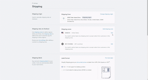 The domestic shipping page on Shopify.