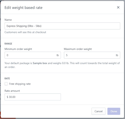 The weight based rate pop-up on Shopify.