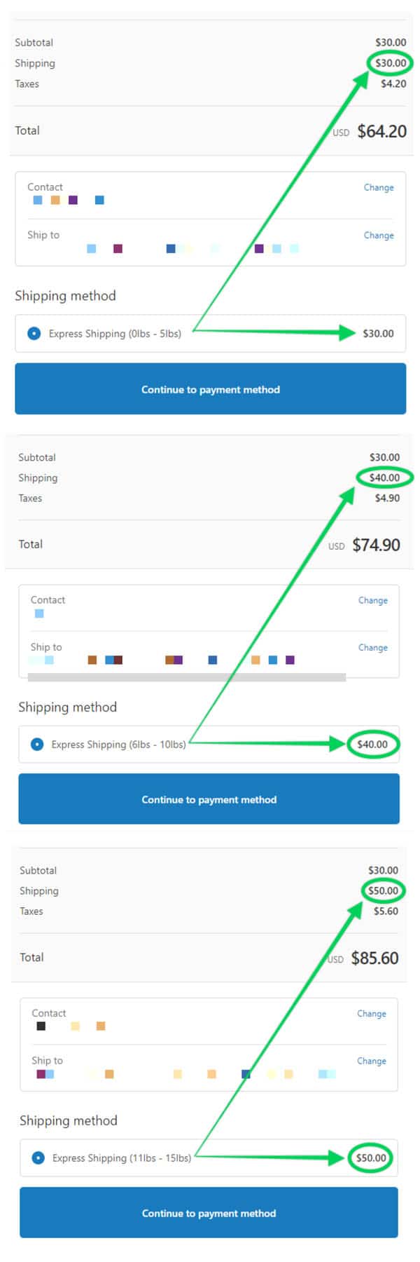 Different examples of rates on the Shopify checkout page.