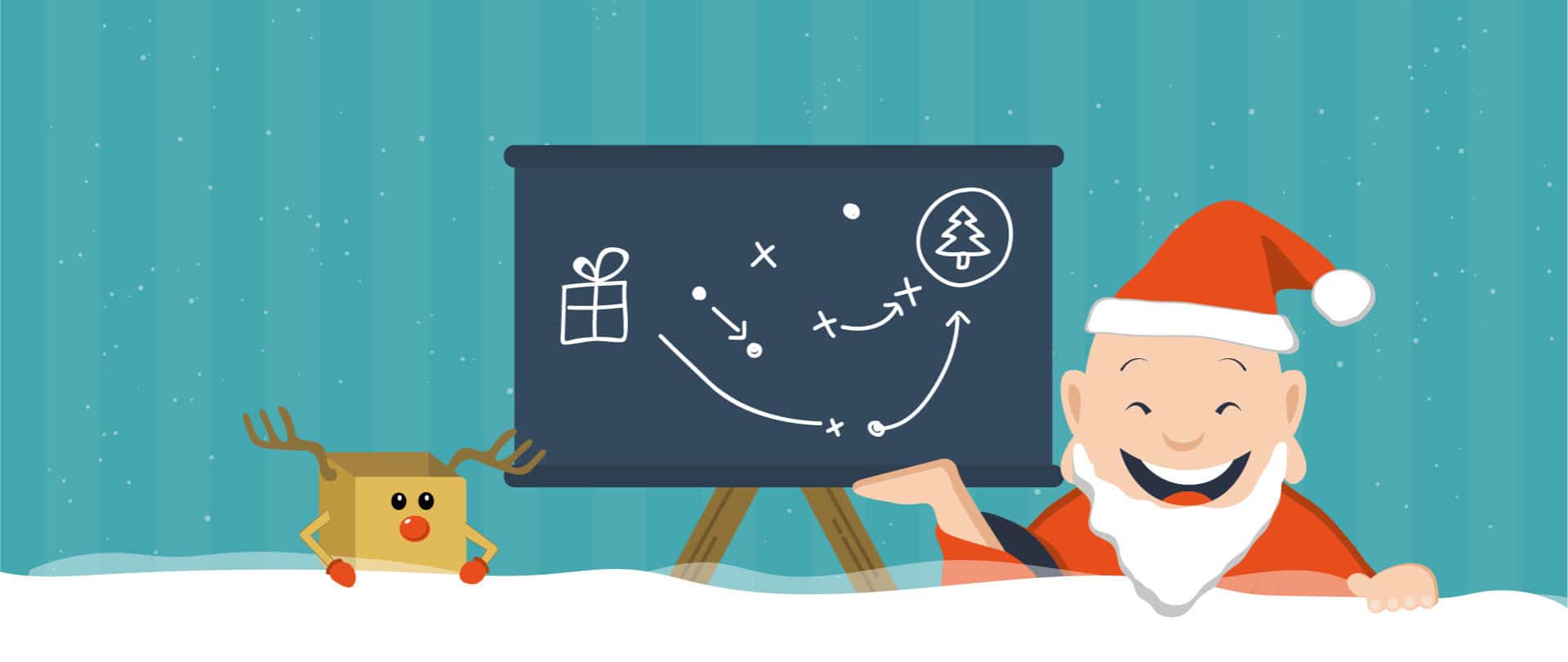 Santa and Bill the Reindeer Box draw a tutorial for holiday express shipping on a blackboard.