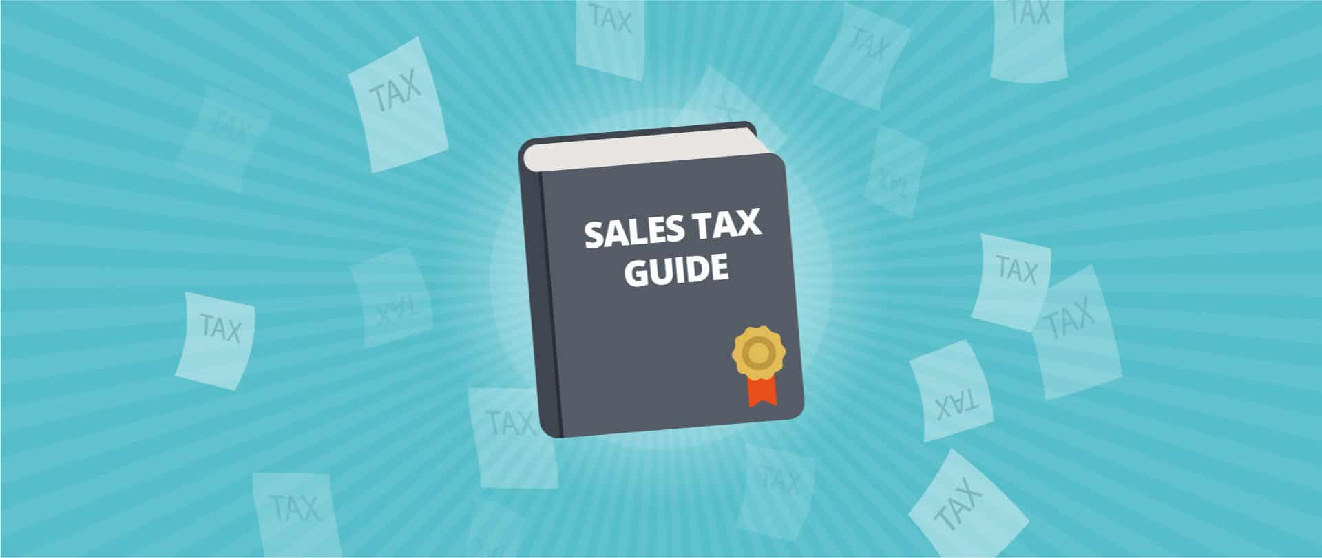 A grey book titled "Sales Tax Guide" floats against a blue background.