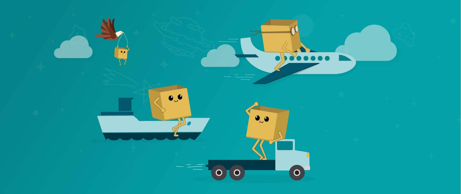 Bob the Box rides on top of each freight option — a plane, a ship, and a truck.