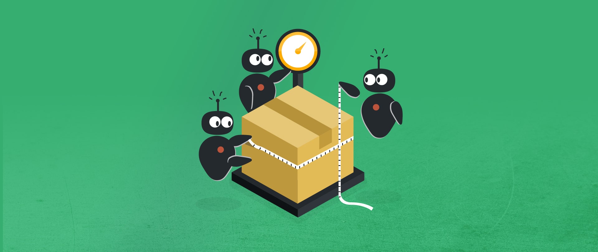 A group of robots calculate dimensional weight.