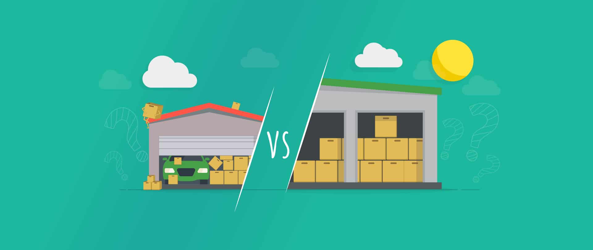 A garage and a warehouse show the difference between in-house vs. outsourcing fulfillment.