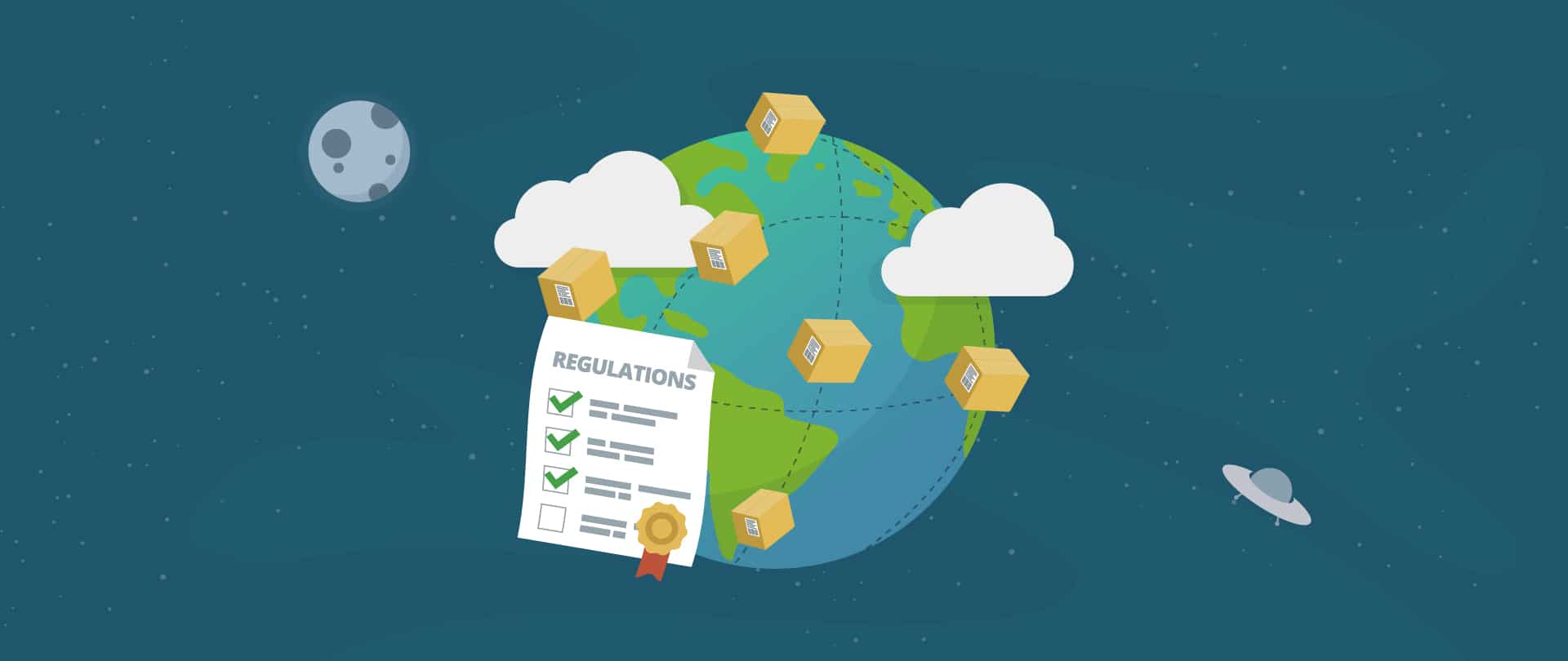 A checklist hovering over the globe shows all that international shipping entails.