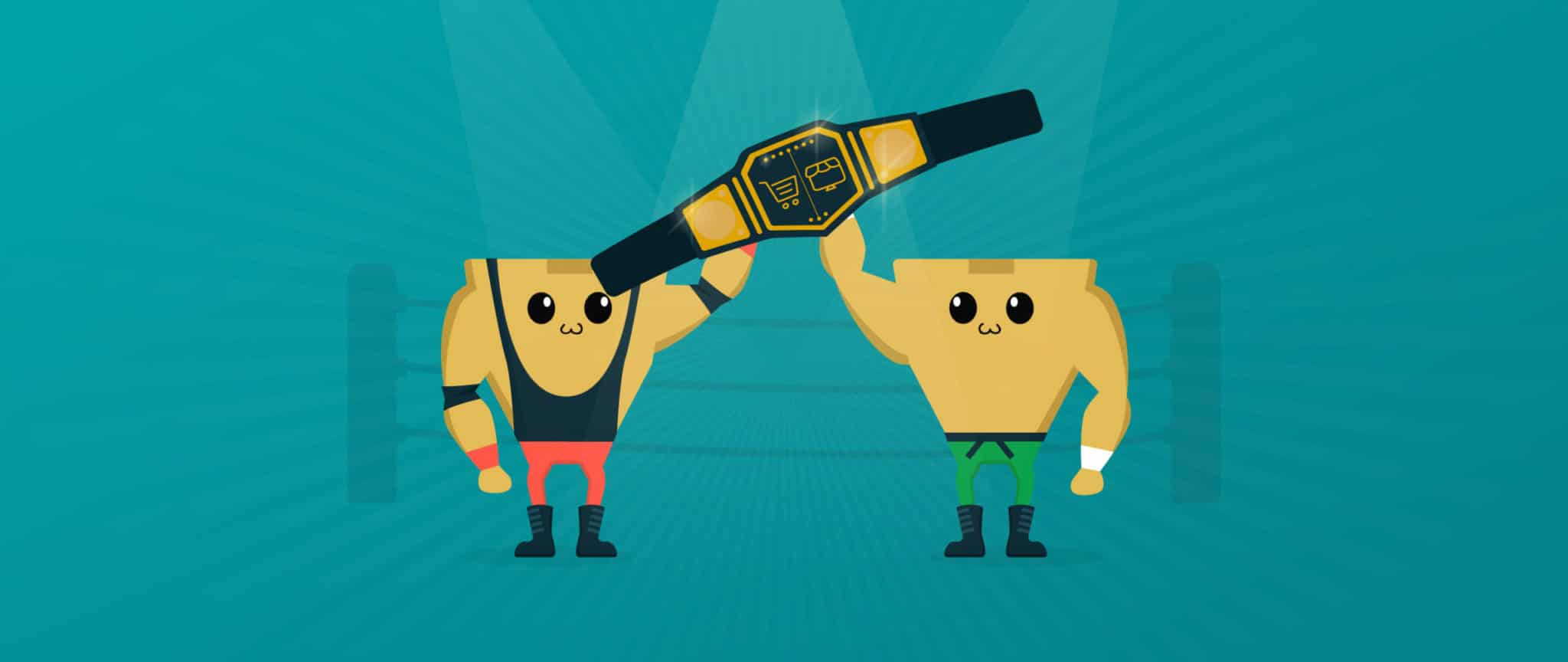 Two box wrestlers hold up a championship title in the battle between shopping carts and marketplaces.