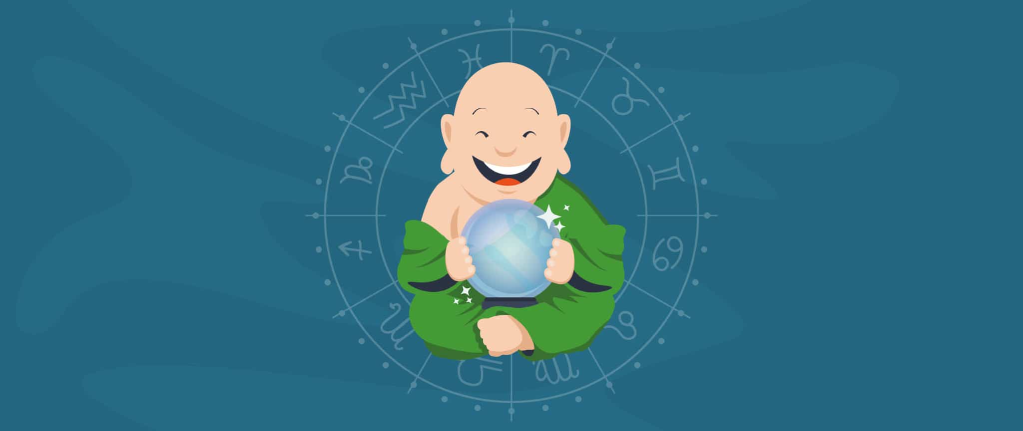 A smiling monk cartoon holds a crystal ball.