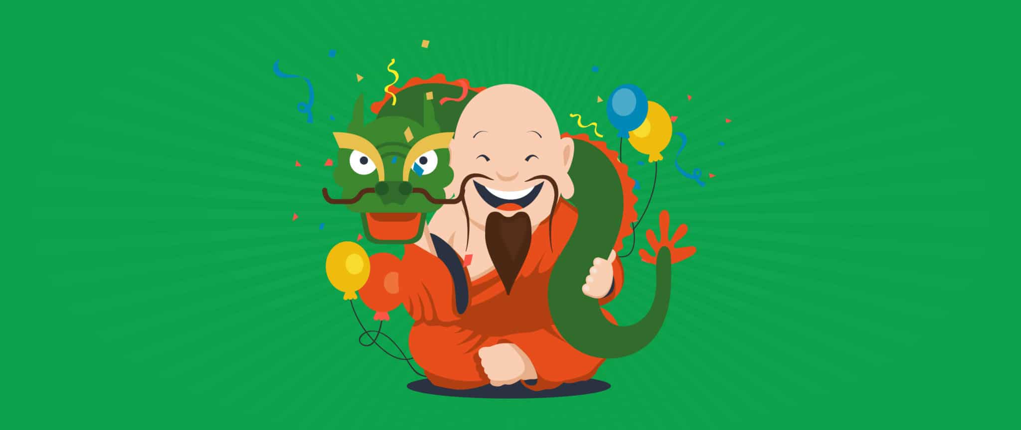 Budd the Monk celebrates the Chinese New Year. He has a dragon wrapped around him and is holding balloons.
