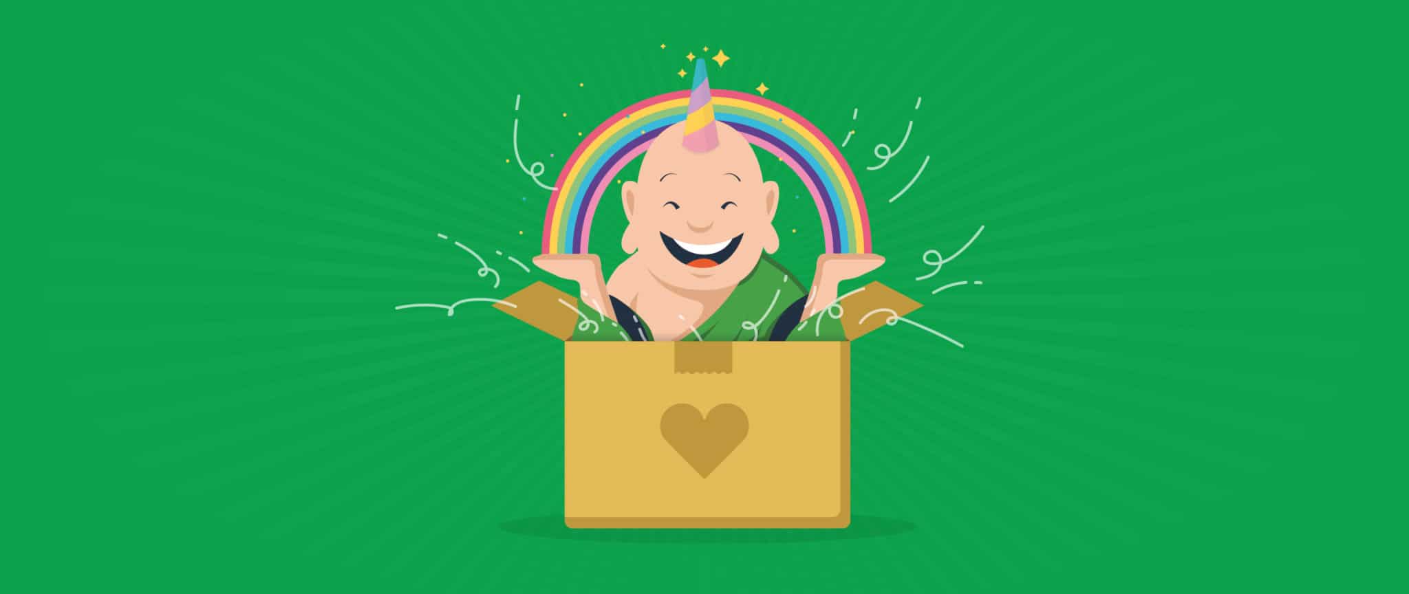 Budd the Monk, adorned with a unicorn horn and rainbow, emerges out of a cardboard box.