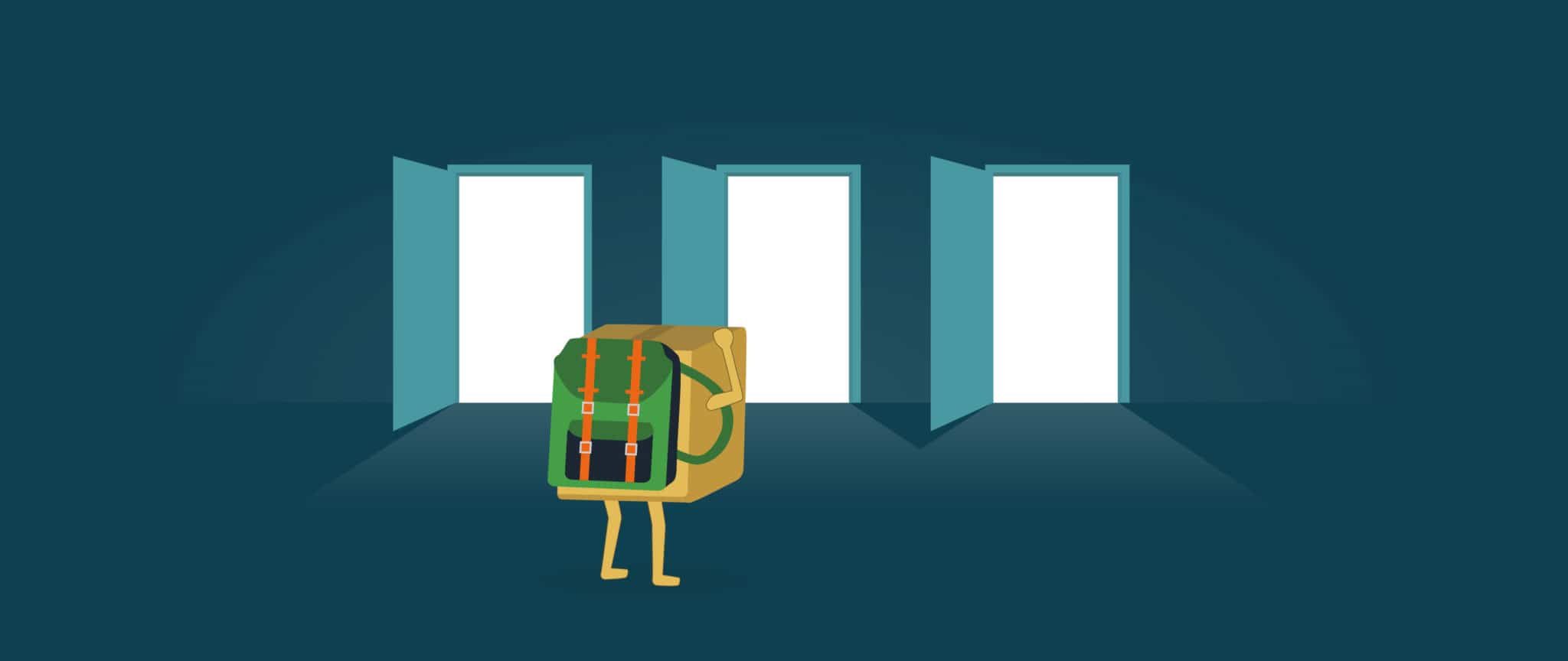 A backpacking box comes face to face with three different glowing doors.