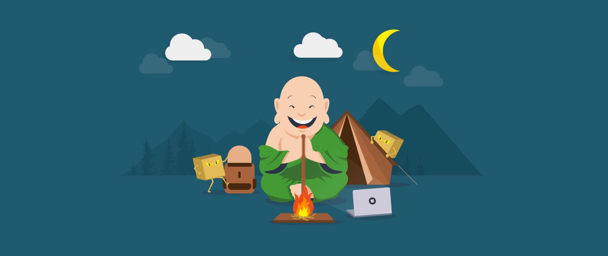 Budd the Monk camps out in the wilderness with his laptop and other essential equipment.