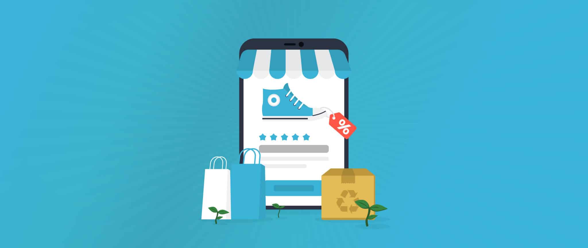 Shopping bags on the left, a smartphone in the center, and recycled packaging on the right indicate some of the top eCommerce trends of 2021.