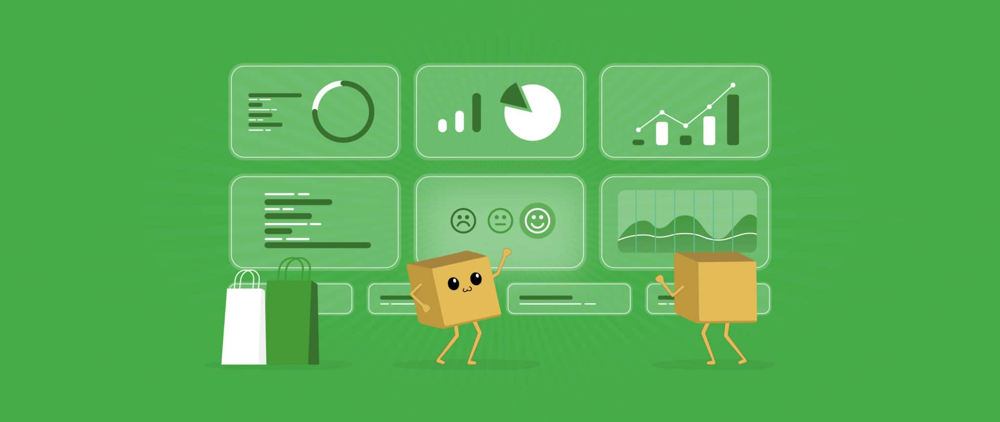 Two curious box characters use cutting-edge visual boards to track eCommerce metrics.