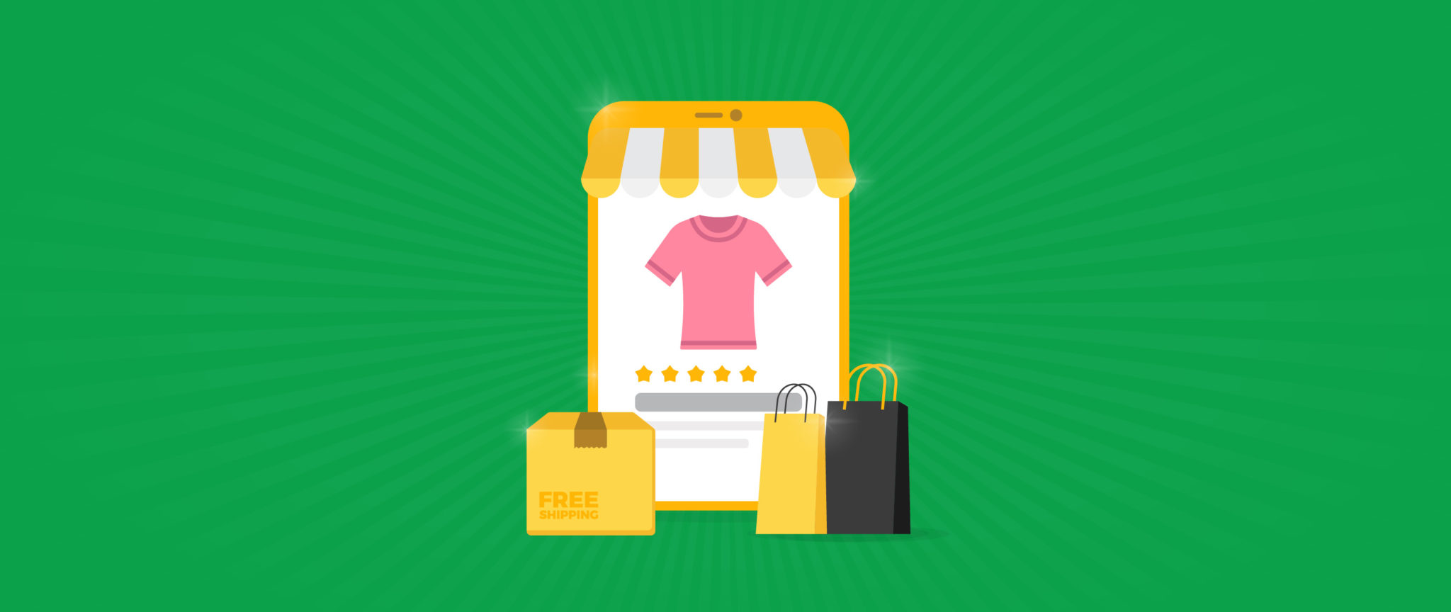 A pink shirt is prominently displayed on a smartphone that is surrounded by two shopping bags and one cardboard shipping box.