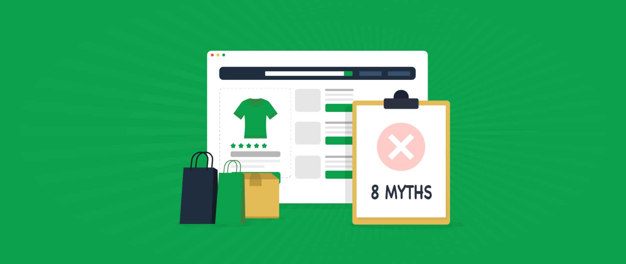 A cartoon clipboard and web page help unveil eCommerce myths.
