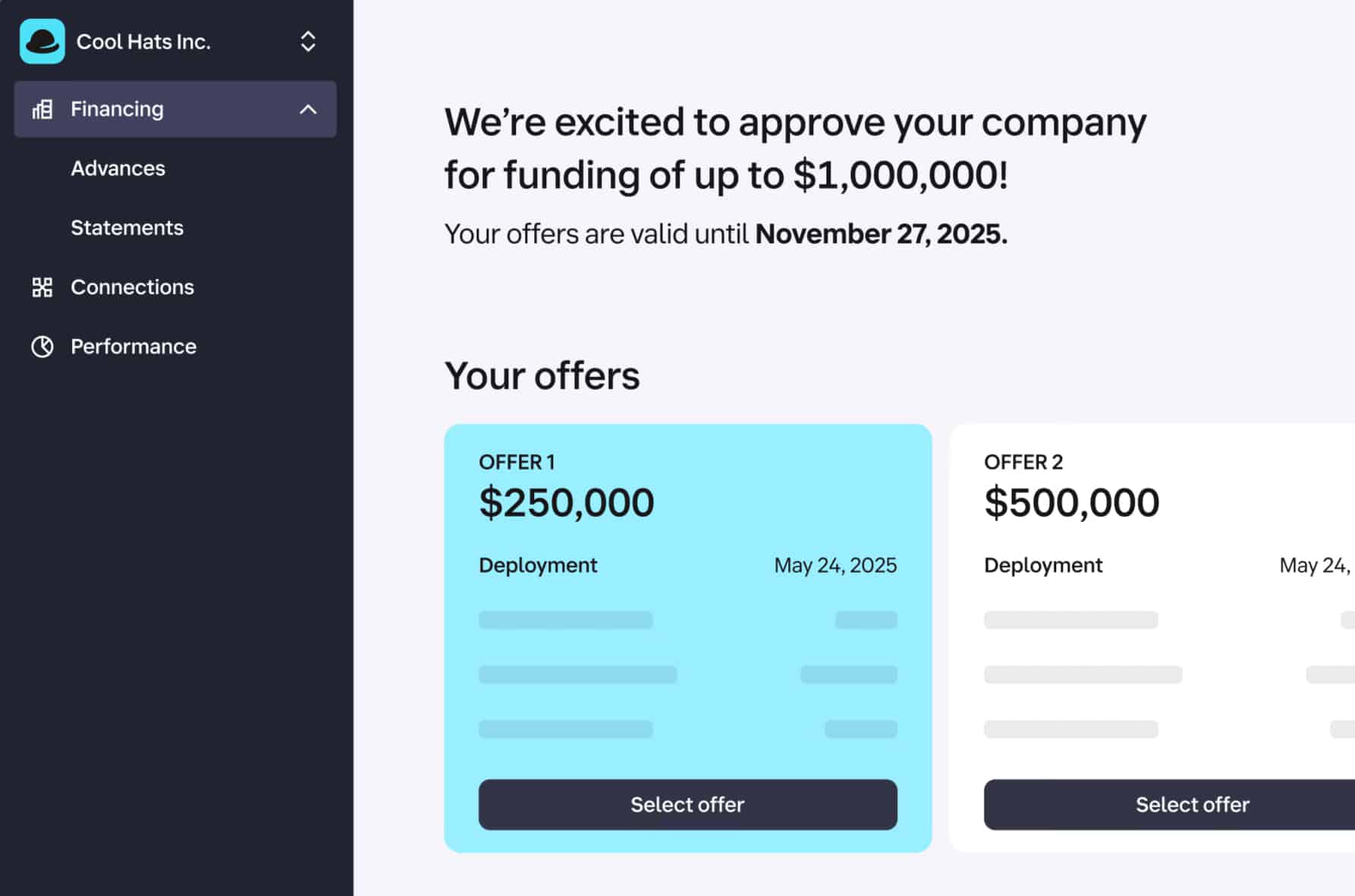A warm ShipMonk.com dashboard welcomes you—$1M approved, $250K and $500K offers ready, sidebar menu at left for easy access. via ShipMonk.com
