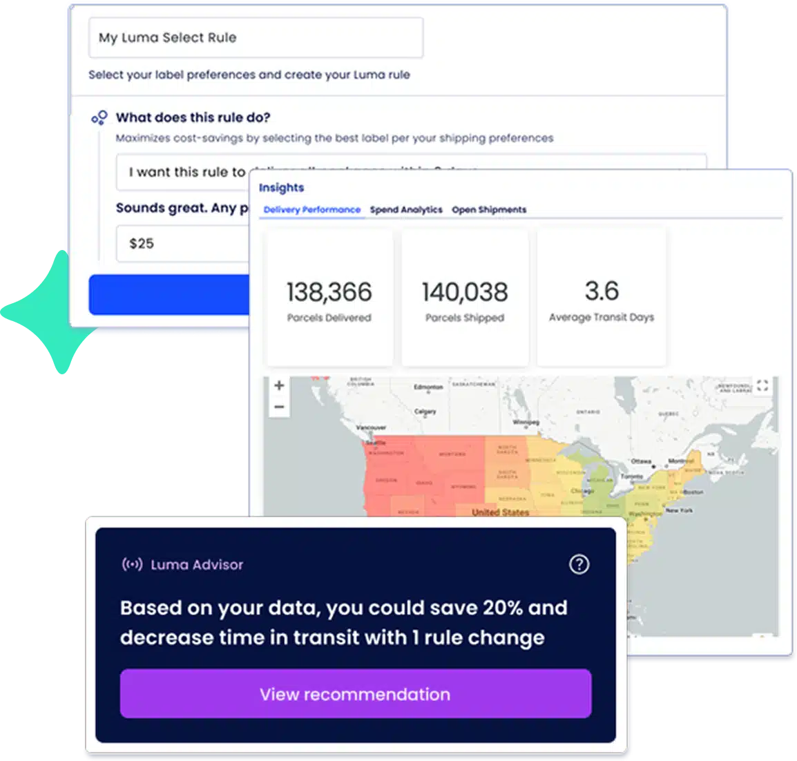Picture this: a ShipMonk.com collage with a shipping rule form, US map stats, and a tip to save 20% time—now that’s smart!. via ShipMonk.com
