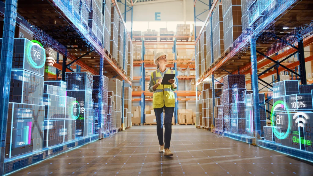 A cheerful worker in safety gear strolls ShipMonk.com aisles, tablet in hand, data graphics gracefully guiding the inventory flow. via ShipMonk.com