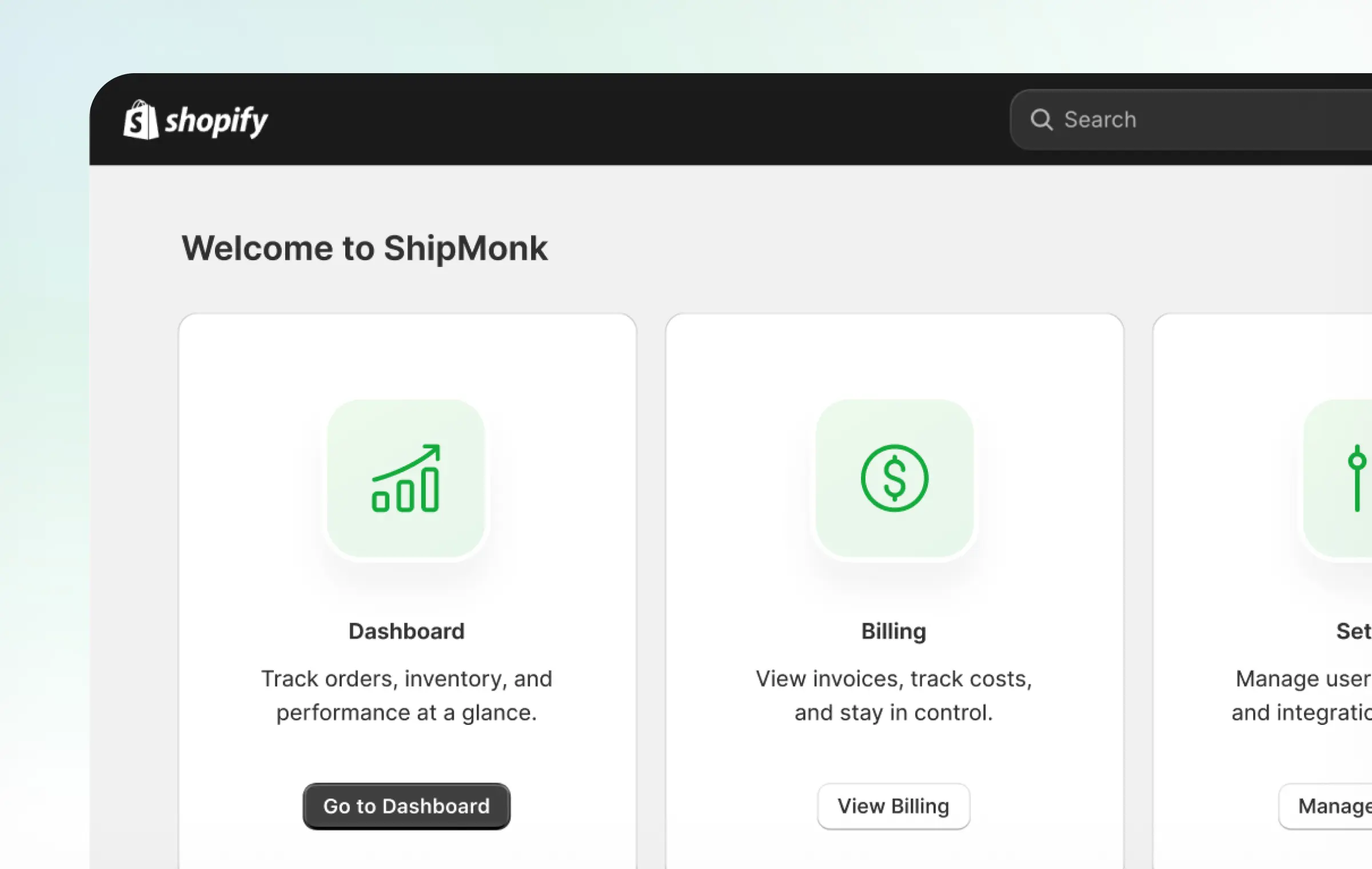 A warm ShipMonk.com greeting on Shopify’s dashboard, with tidy icons and cheerful blurbs for Dashboard, Billing, and Settings. via ShipMonk.com