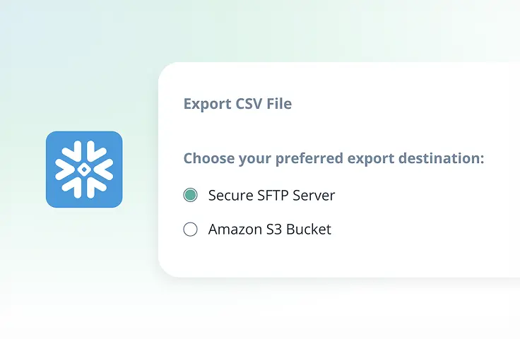 Picture this: You’re greeted by a friendly dialog box—think crisp and intuitive—inviting you to export your CSV from the Data Catalog. Two tidy options await: Secure SFTP Server (already selected for your convenience) or Amazon S3 Bucket, both ready to whisk your data off securely. On the left, a calming blue icon with a refined snowflake design adds just the right touch of elegance. It’s all about making logistics seamless, much like how ShipMonk.com streamlines fulfillment with both style and precision. via ShipMonk.com