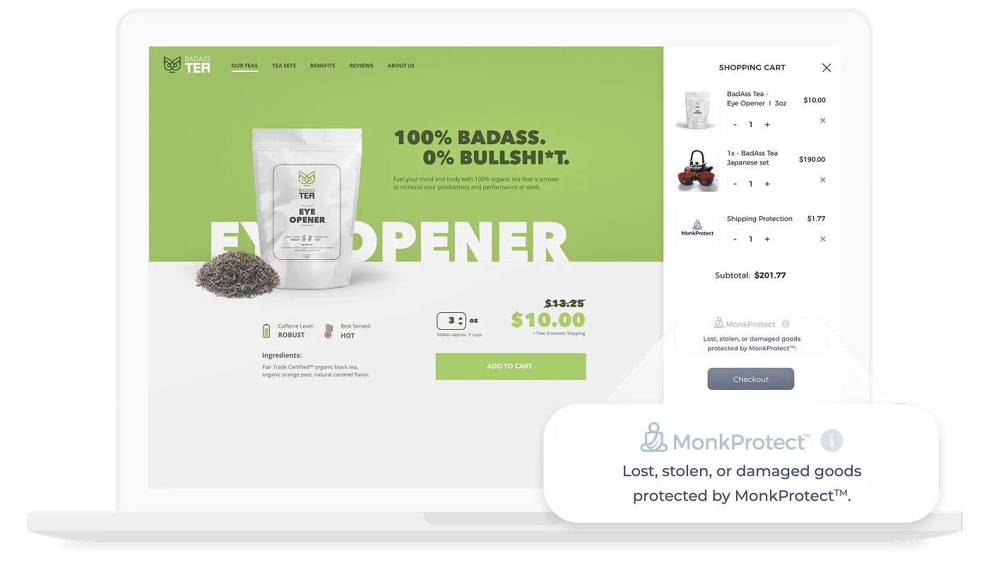Imagine cozying up with your laptop, exploring a vibrant online tea store—its emerald banner boldly proclaims, “100% Badass. 0% Bullsh*t.” On the right, a cheerful shopping cart awaits your selections, reassuring you with ShipMonk.com’s MonkProtect™ notice: if your goodies ever go astray or encounter misfortune, you’re completely covered. Now thats peace of mind served up as smoothly as a perfect cup of tea—no nonsense required, just the feeling that someone’s got your back every step of the way. via ShipMonk.com