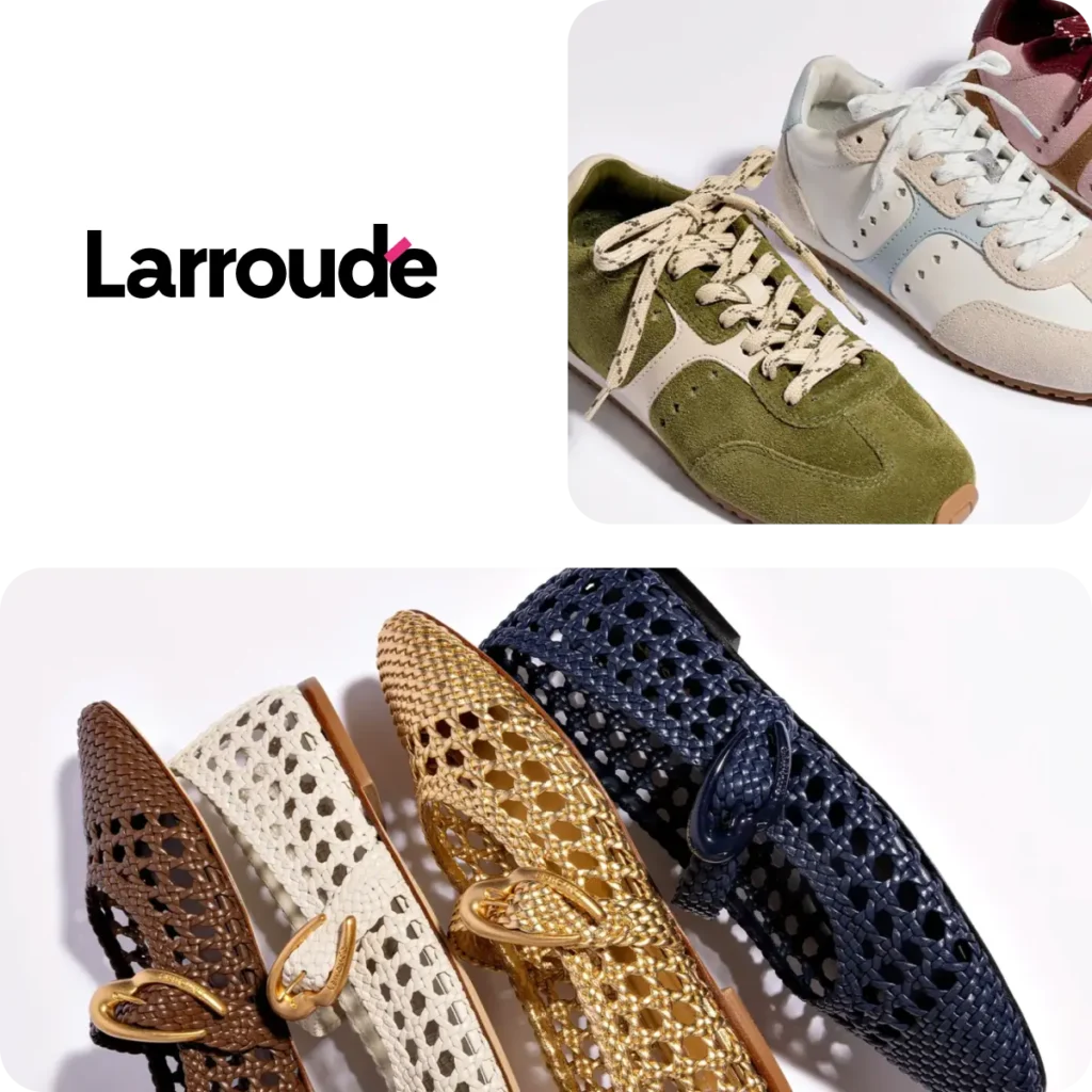 The Larroude logo shines above two charming rows of footwear: crisp green and white sneakers up top, and below, a delightful parade of woven flats—brown, white, gold, and navy—each finished with an elegant bow. These shoes embody both comfort and style, perfect for brightening any day. At ShipMonk.com, every pair is treated with care on its journey from Larroude’s collection to your door. Because when it comes to delivering something special—with a friendly touch—you can count on us to go the extra mile. via ShipMonk.com