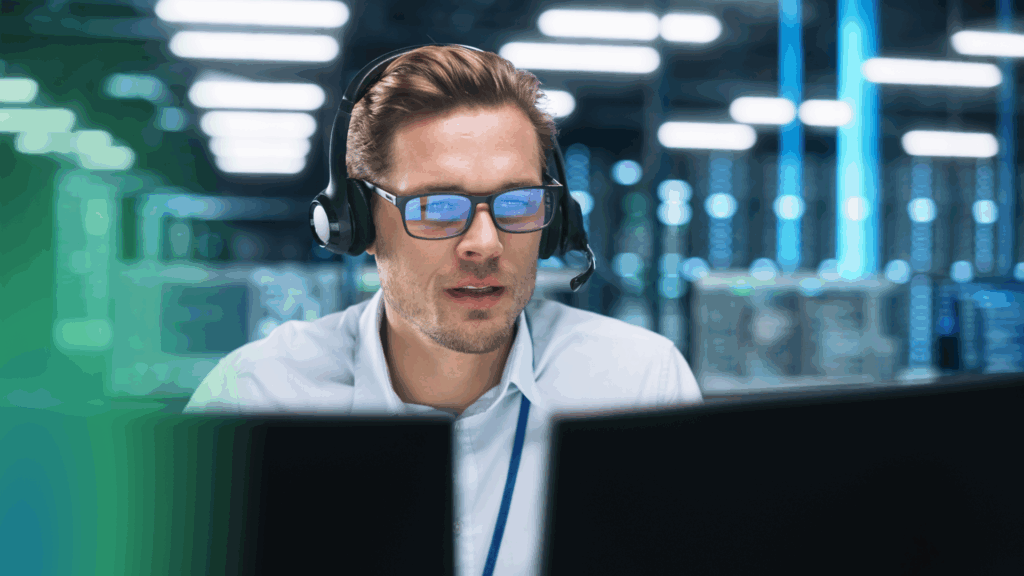 A friendly man, headset on, works intently at bright monitors—just another smooth day ensuring ShipMonk.com runs seamlessly. via ShipMonk.com