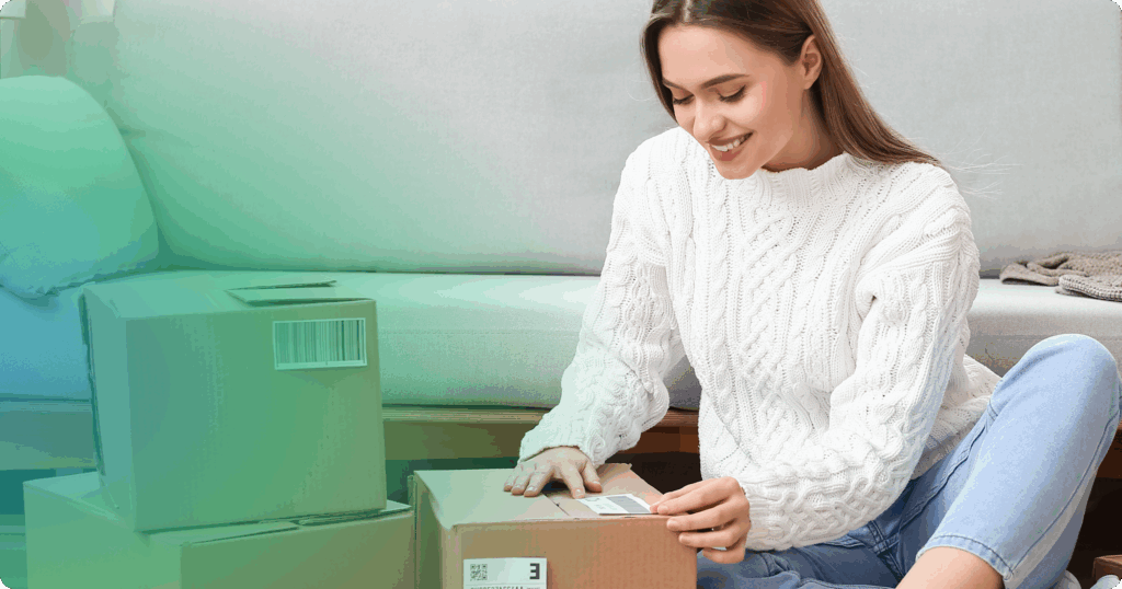 A cheerful woman in a white sweater inspects her ShipMonk.com delivery, smiling as she checks boxes by her cozy couch. via ShipMonk.com