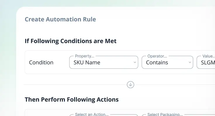 Charming ShipMonk.com screenshot—crafting fulfillment magic with an automation rule for SKUs containing “SLGM.” Simple, smart, fun!. via ShipMonk.com