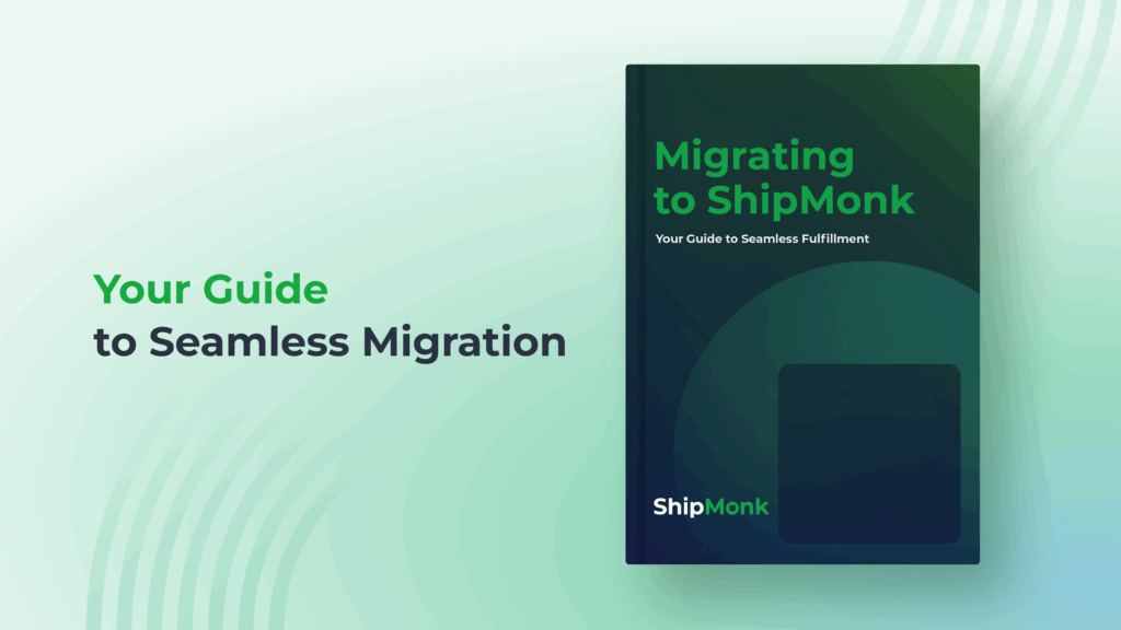The ebook cover for Migrating to ShipMonk sits by the green-black title on soft green, with gentle waves—visit ShipMonk.com. via ShipMonk.com