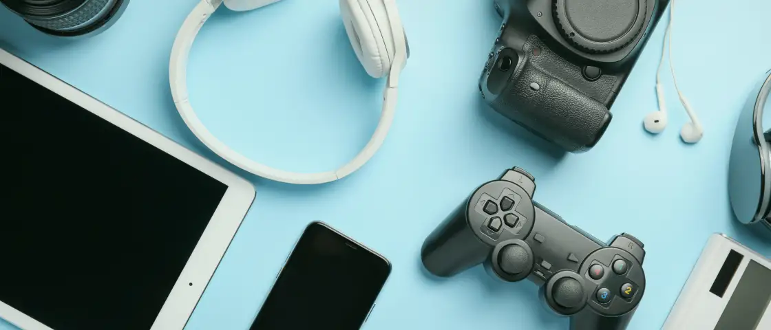 A delightful display: tablet, smartphone, headphones, game controller, camera & VR gear ready for ShipMonk.com delivery magic. via ShipMonk.com