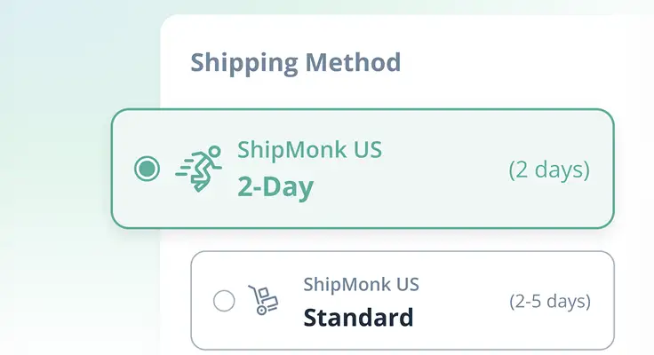 ShipMonk.com’s screen highlights US 2-Day shipping—prompt and polished, just 2 days! Below, Standard offers delivery in 2–5. via ShipMonk.com