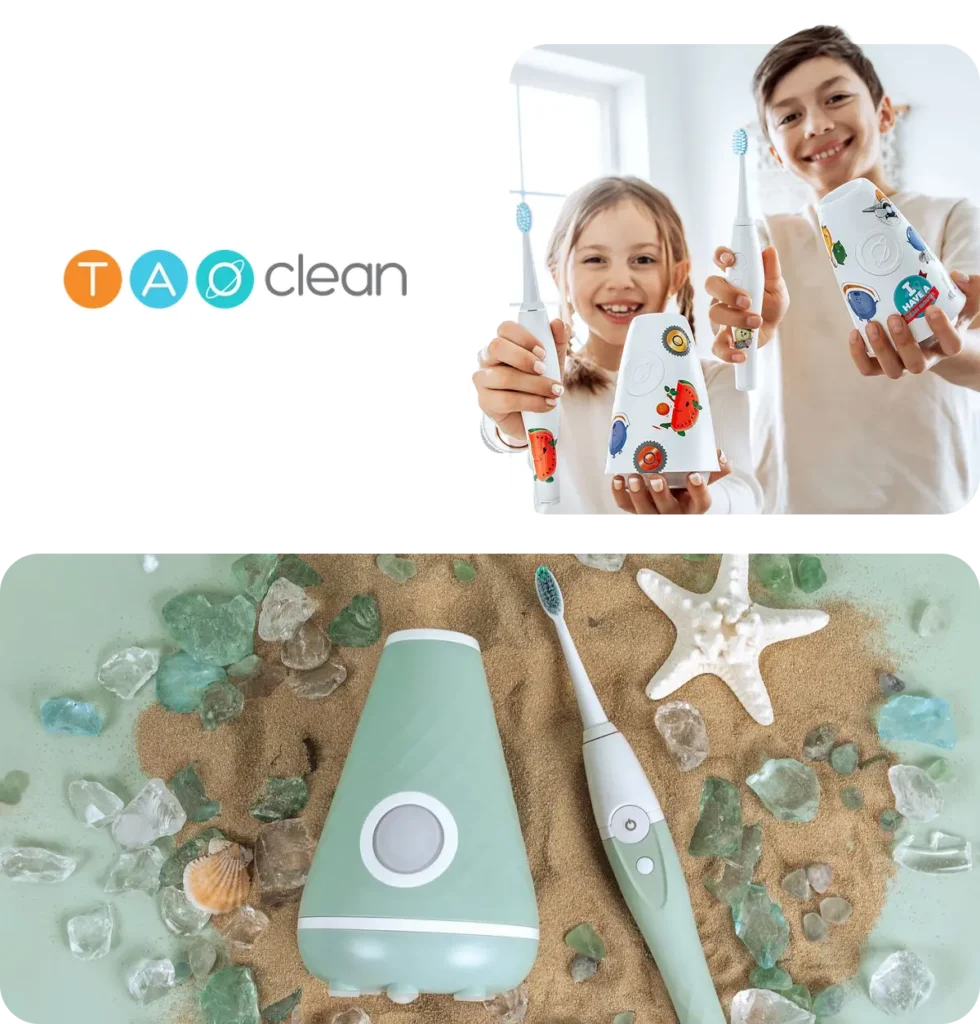 Two kids, all smiles, show off cheerful electric toothbrush sets; below, a green brush rests on sandy shells—brought to you by ShipMonk.com. via ShipMonk.com