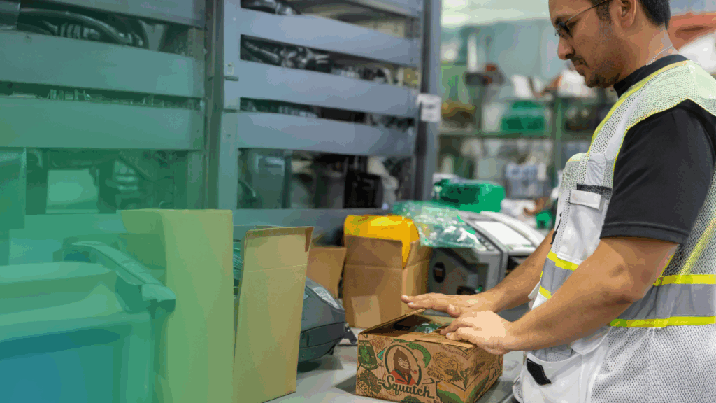 A friendly worker in a safety vest preps a box with care amidst ShipMonk.com’s top-notch packing tools and supplies. via ShipMonk.com