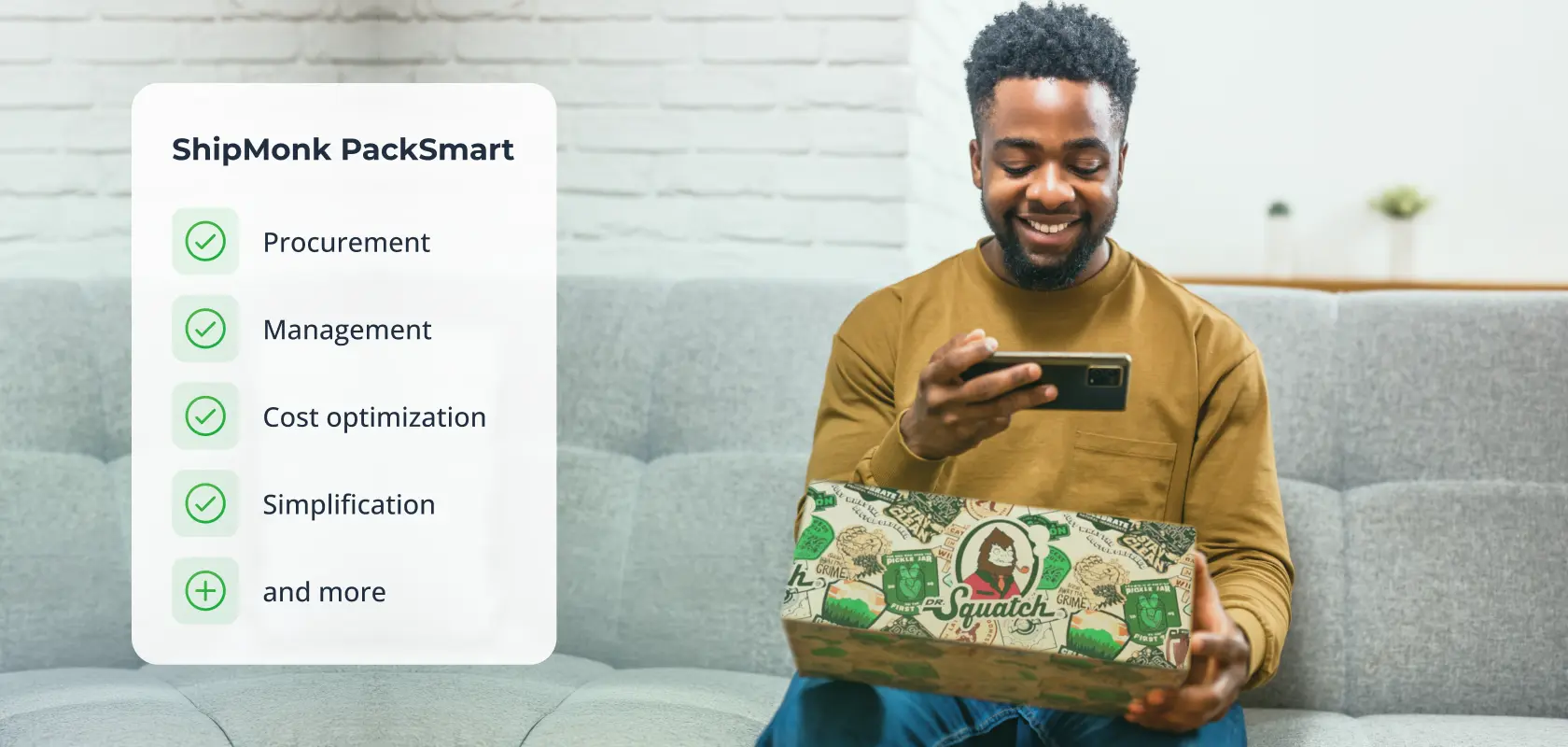 A cheerful man with a gift box checks his phone beside ShipMonk.com’s PackSmart tools for easier, smarter shipping. via ShipMonk.com