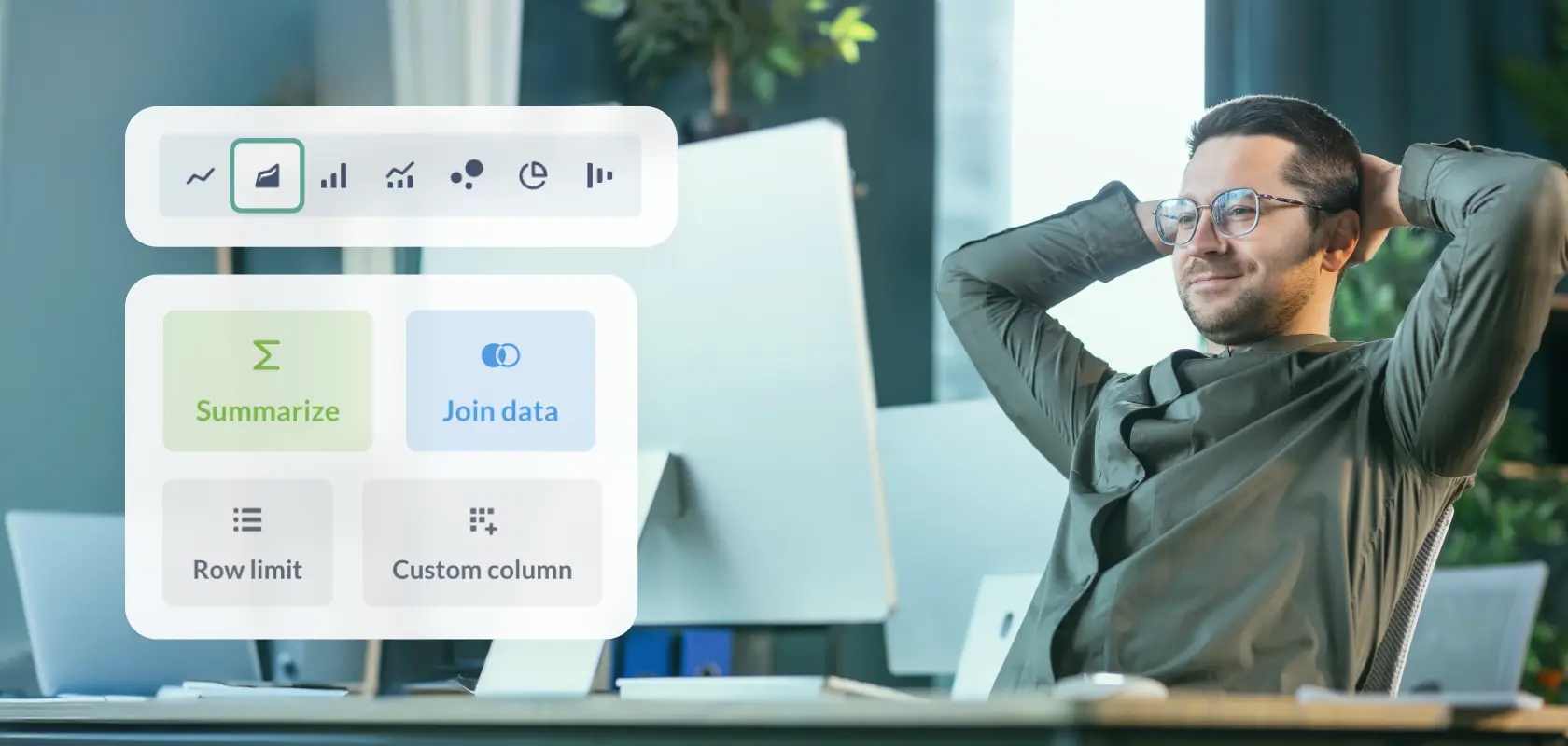 A cheerful man at his desk smiles at ShipMonk.com’s screen, surrounded by sparkling, intuitive data tools and smart icons. via ShipMonk.com