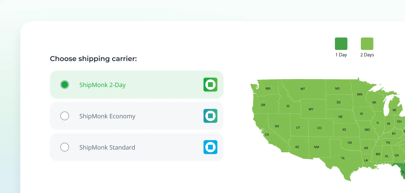 Selecting ShipMonk 2-Day at ShipMonk.com feels friendly—map shows green states with 1- and 2-day shipping options. via ShipMonk.com
