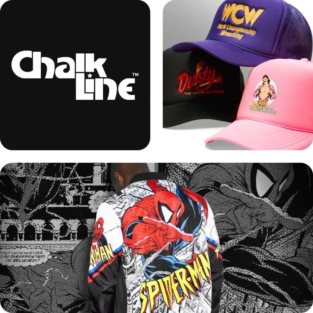 A cheerful collage: Chalk Line’s logo, wrestling hats, and a vibrant Spider-Man jacket against comic art—ready to ship with ShipMonk. via ShipMonk.com