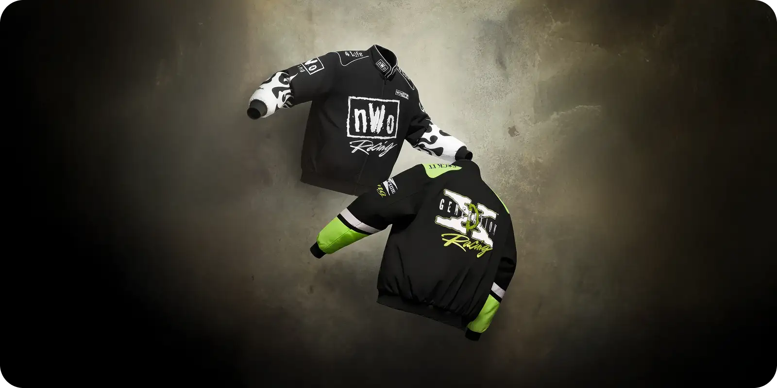 Two sleek black racing jackets, smartly detailed in white and green, drift above a moody backdrop—ready for ShipMonk.com. via ShipMonk.com