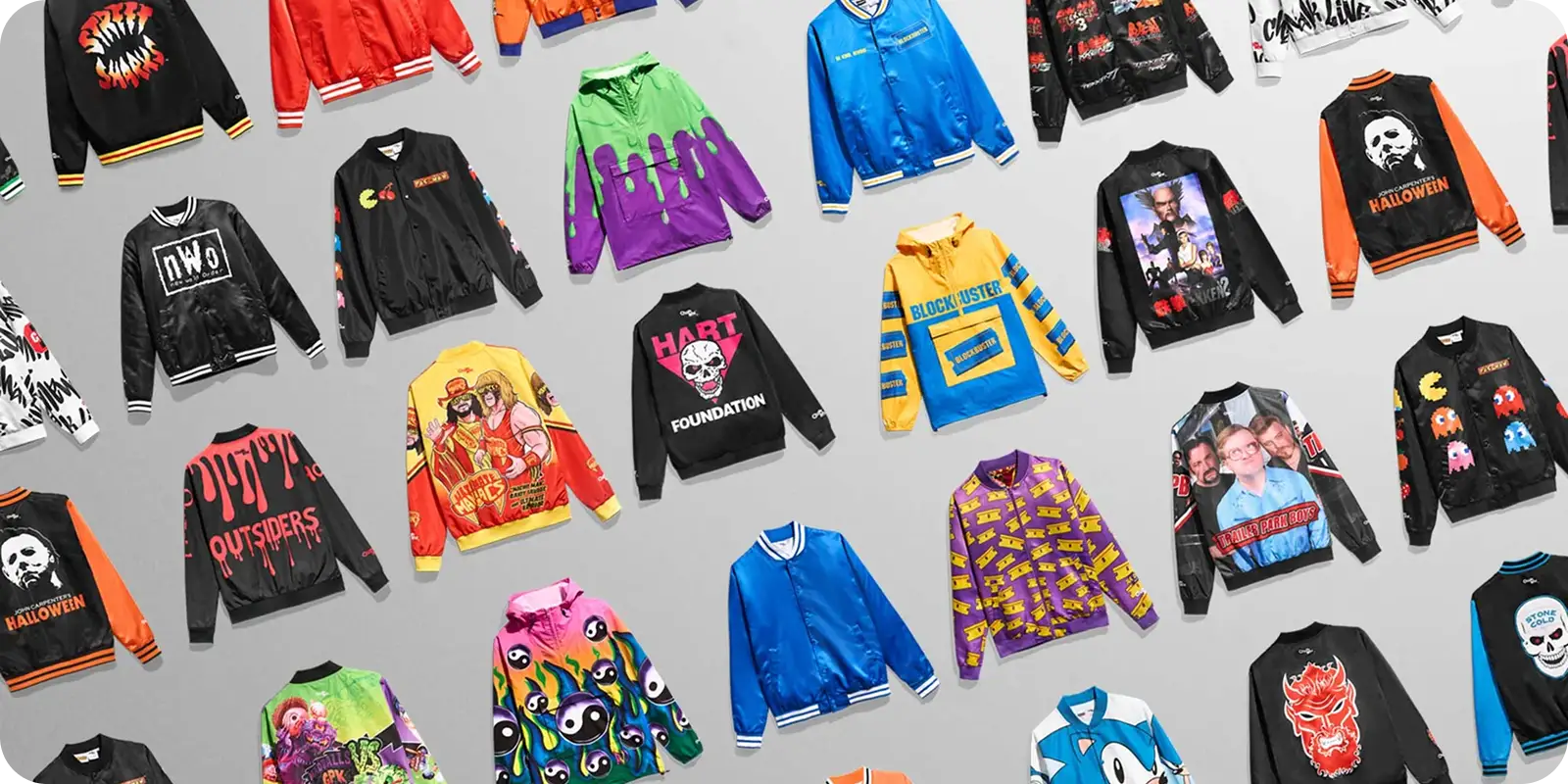 A cheerful lineup of lively varsity jackets—bold, bright, and full of personality—beautifully displayed like a ShipMonk shipment. via ShipMonk.com
