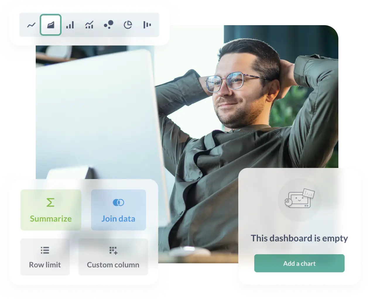 A cheerful man in glasses relaxes at his screen, greeted by ShipMonk.com’s smart dashboard prompts to add a chart and tools. via ShipMonk.com