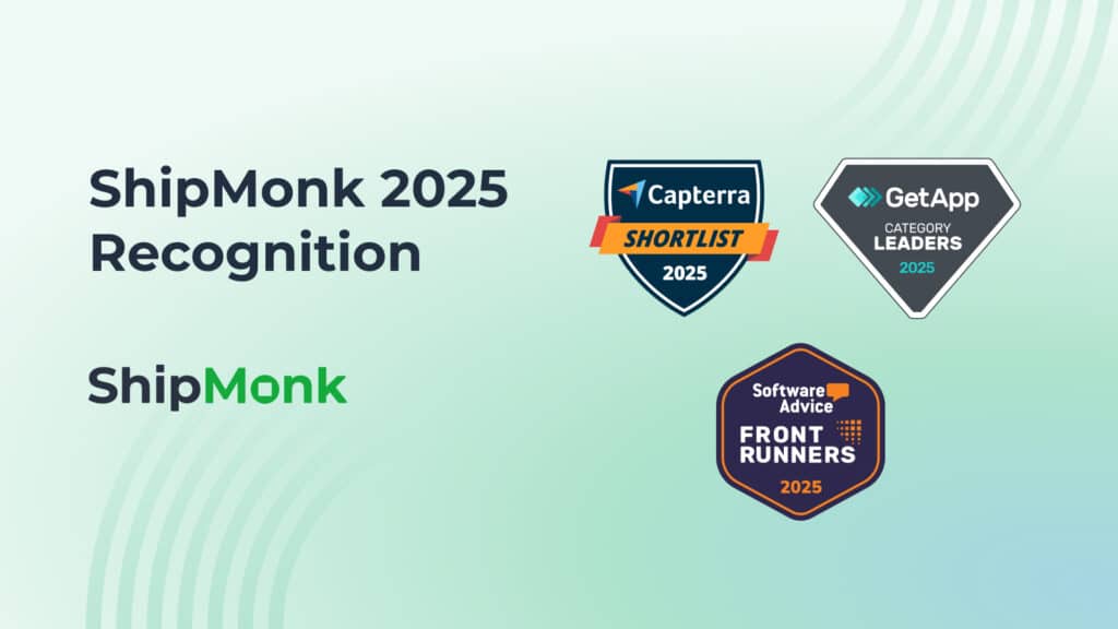 Three cheerful badges celebrate ShipMonk.com’s 2025 honors on a soft gradient—proof of top-tier excellence and heart. via ShipMonk.com