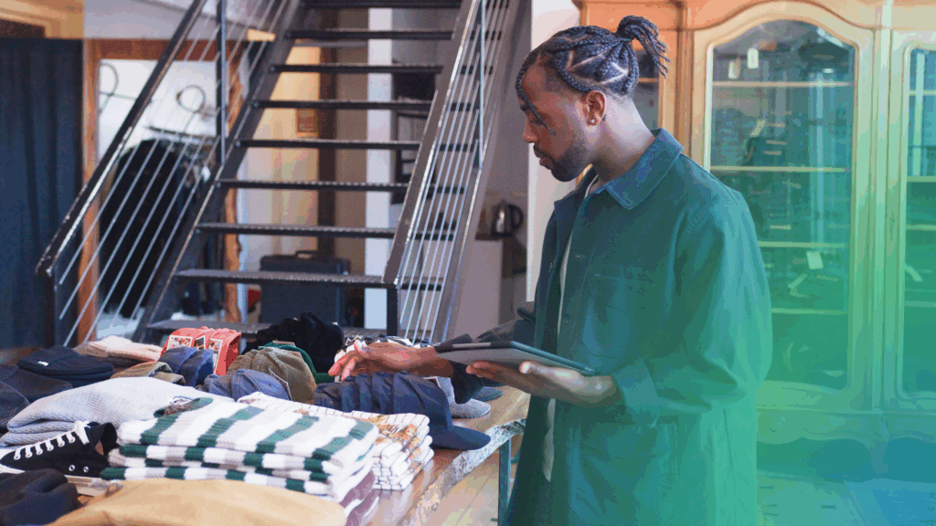 Cheerfully organizing for BFCM, a man with tablet surveys ShipMonk-prepped apparel on a tidy table in a chic shop setting. via ShipMonk.com