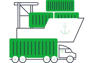 A cargo ship with smartly stacked green containers and a matching truck up front—just the efficiency you’d expect from ShipMonk.com. via ShipMonk.com